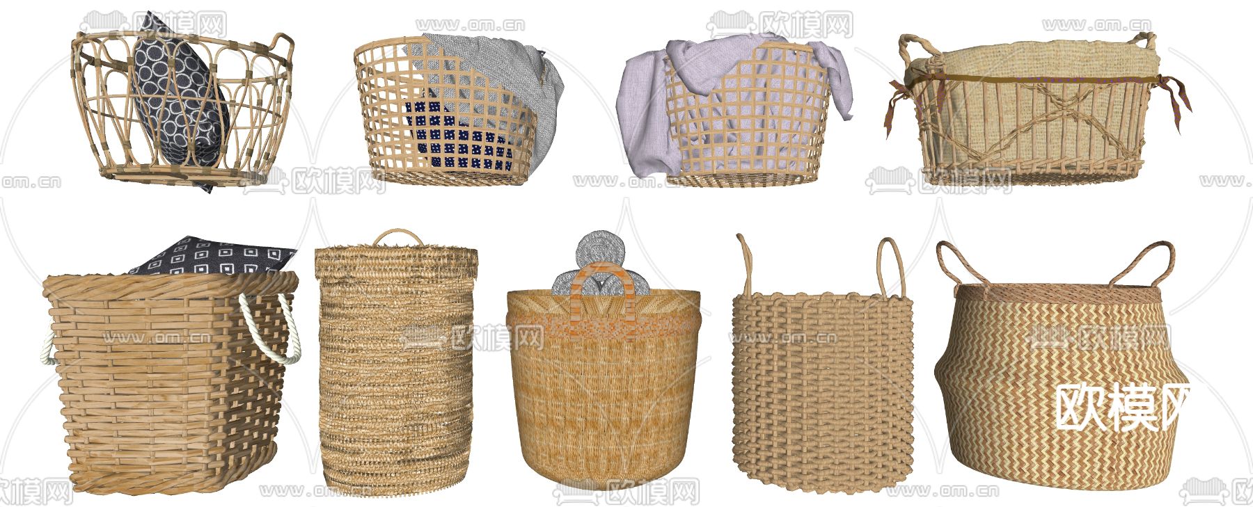 现代毛巾架 脏衣篓 收纳筐 竹筐su模型下载（渲染图2）