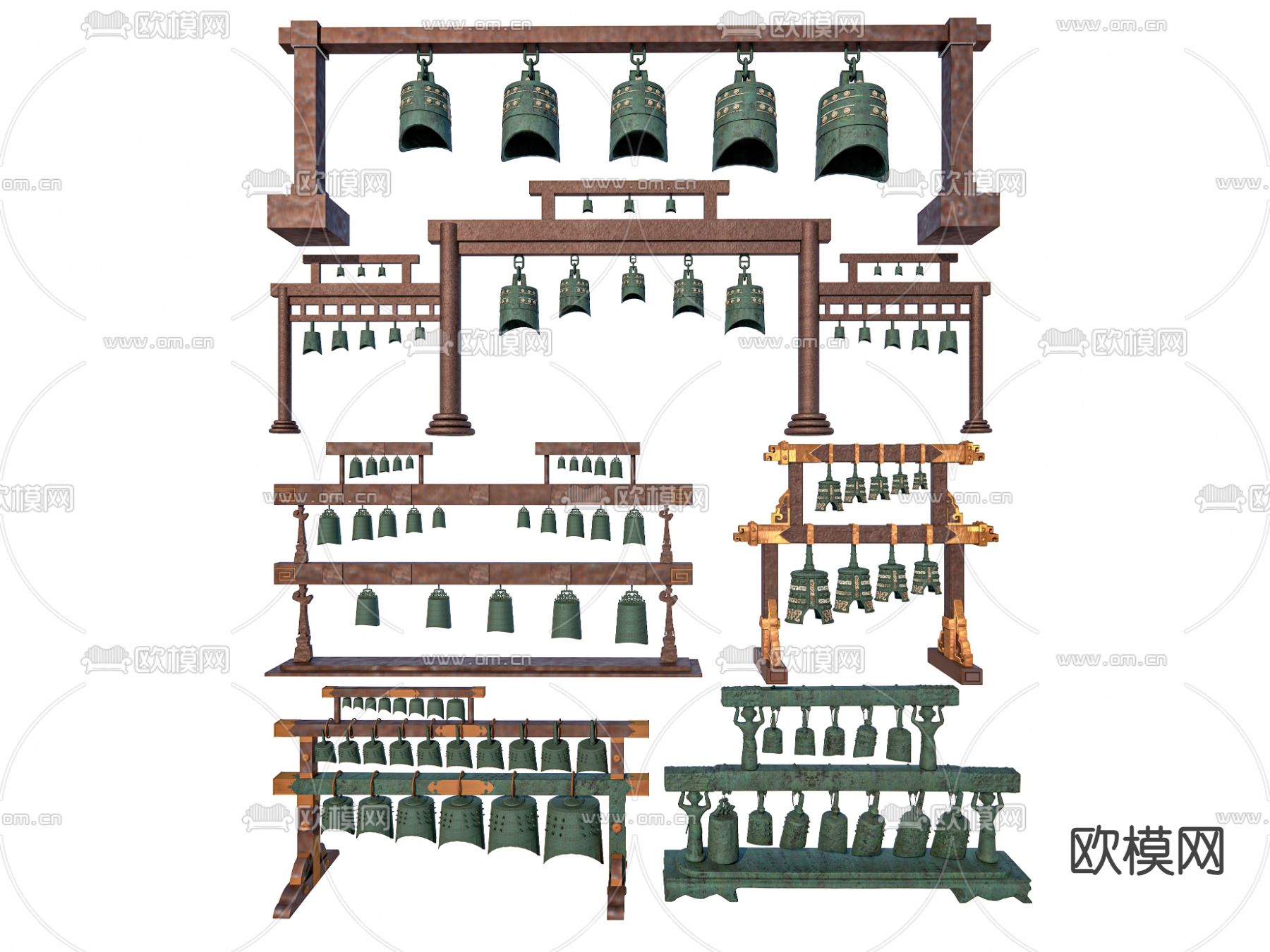 中式青铜编钟 青铜乐器su模型下载（渲染图2）
