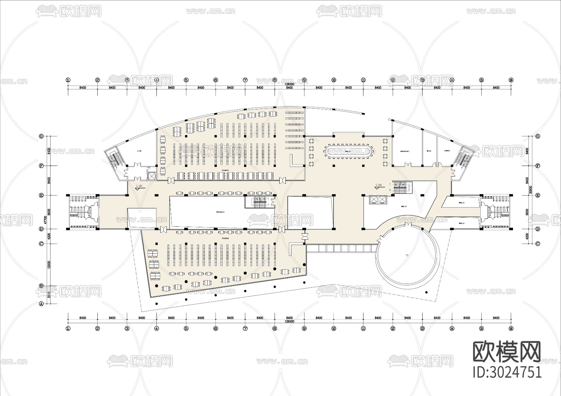 大型图书馆cad平面图下载（渲染图2）