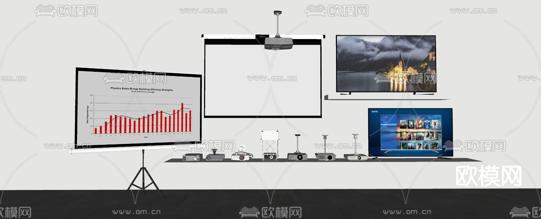 现代 投影幕布 投影仪su模型下载（渲染图2）