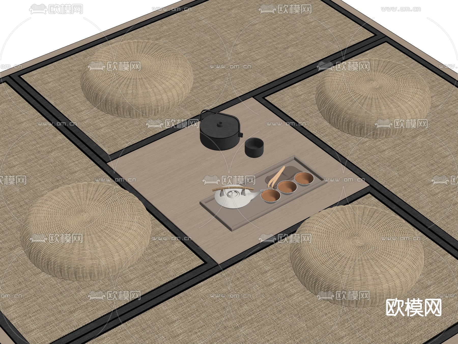 日式榻榻米蒲团坐垫 藤编席垫su模型下载（渲染图1）