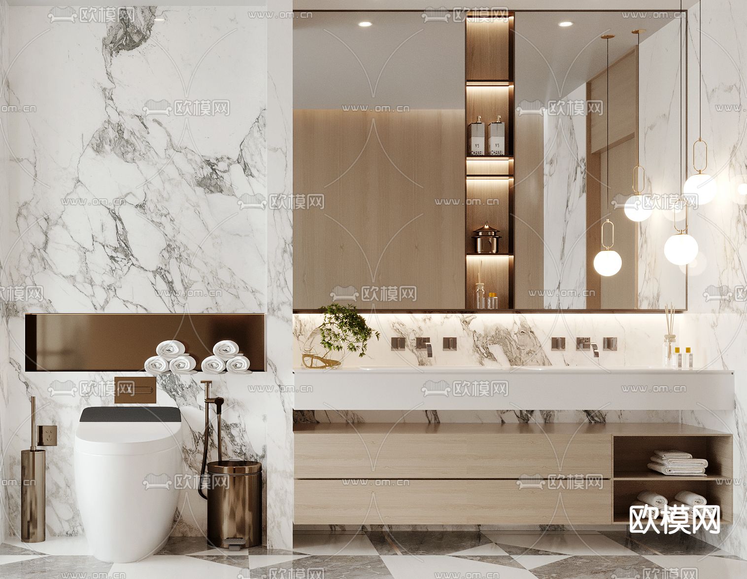 现代浴室柜 卫浴柜 双盆洗手台3d模型下载