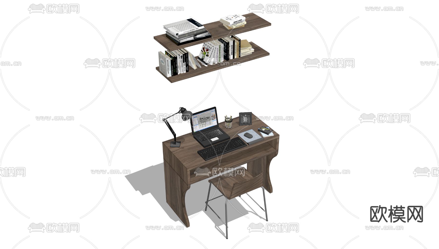 现代实木书桌椅su模型下载（渲染图1）