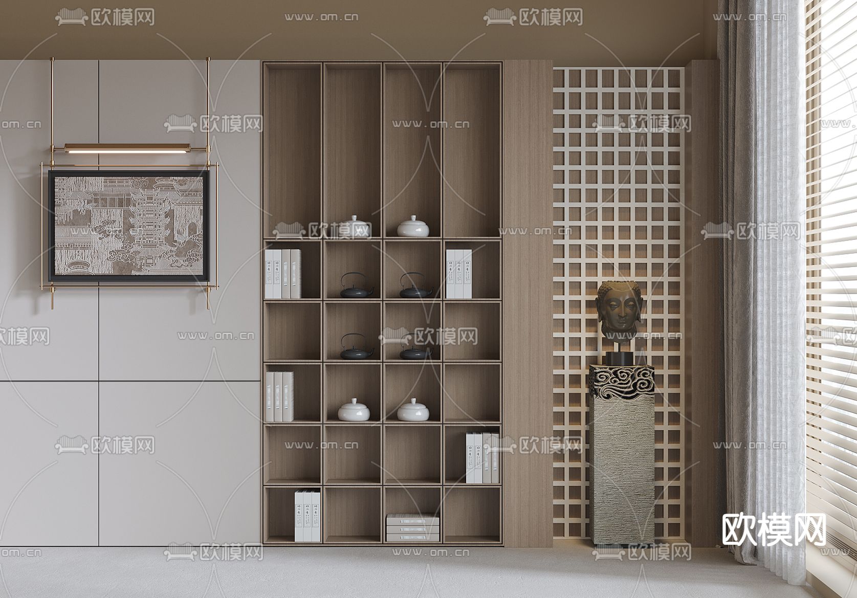新中式书柜su模型下载（渲染图2）