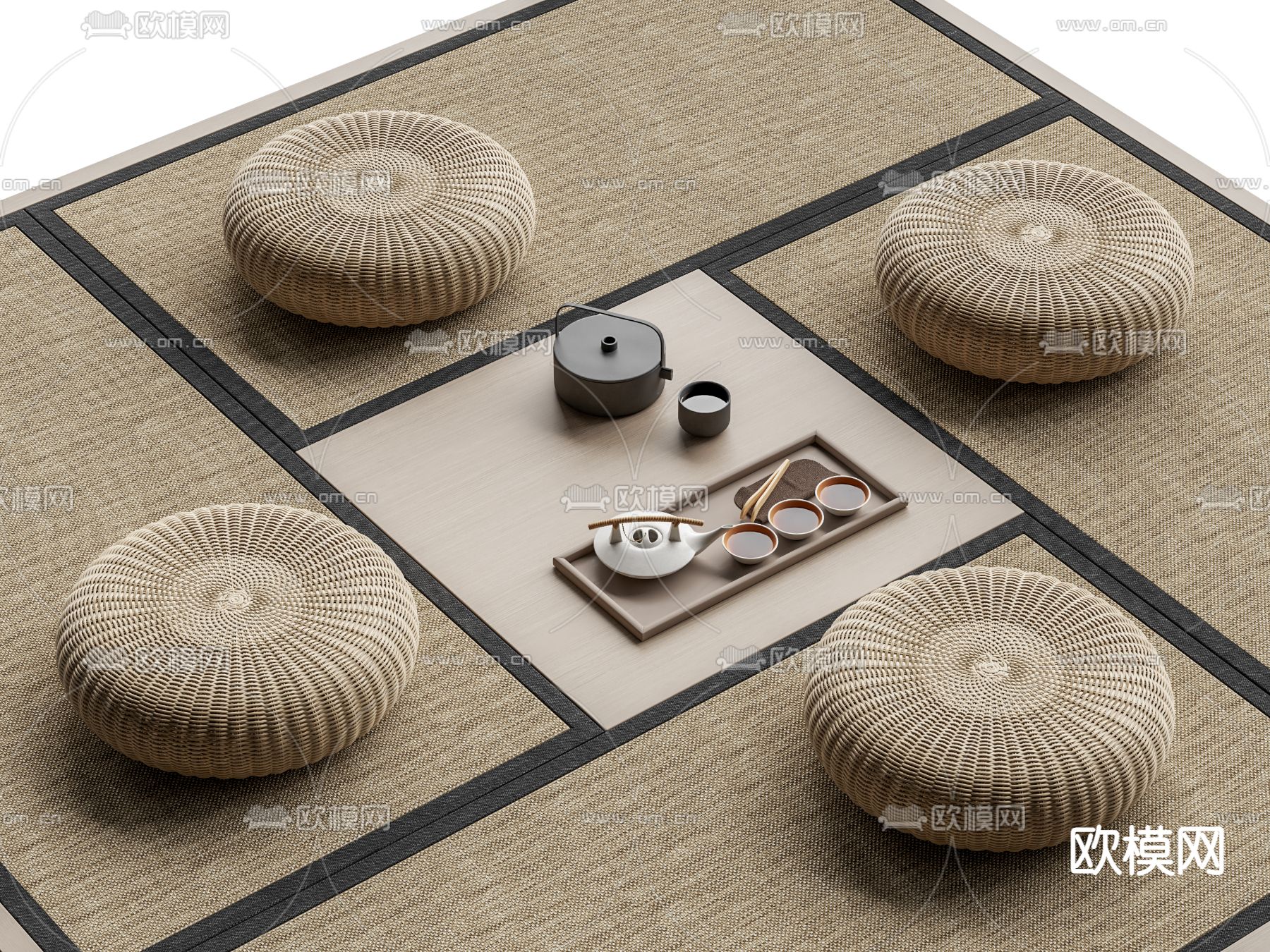 日式榻榻米蒲团坐垫 藤编席垫su模型下载（渲染图2）