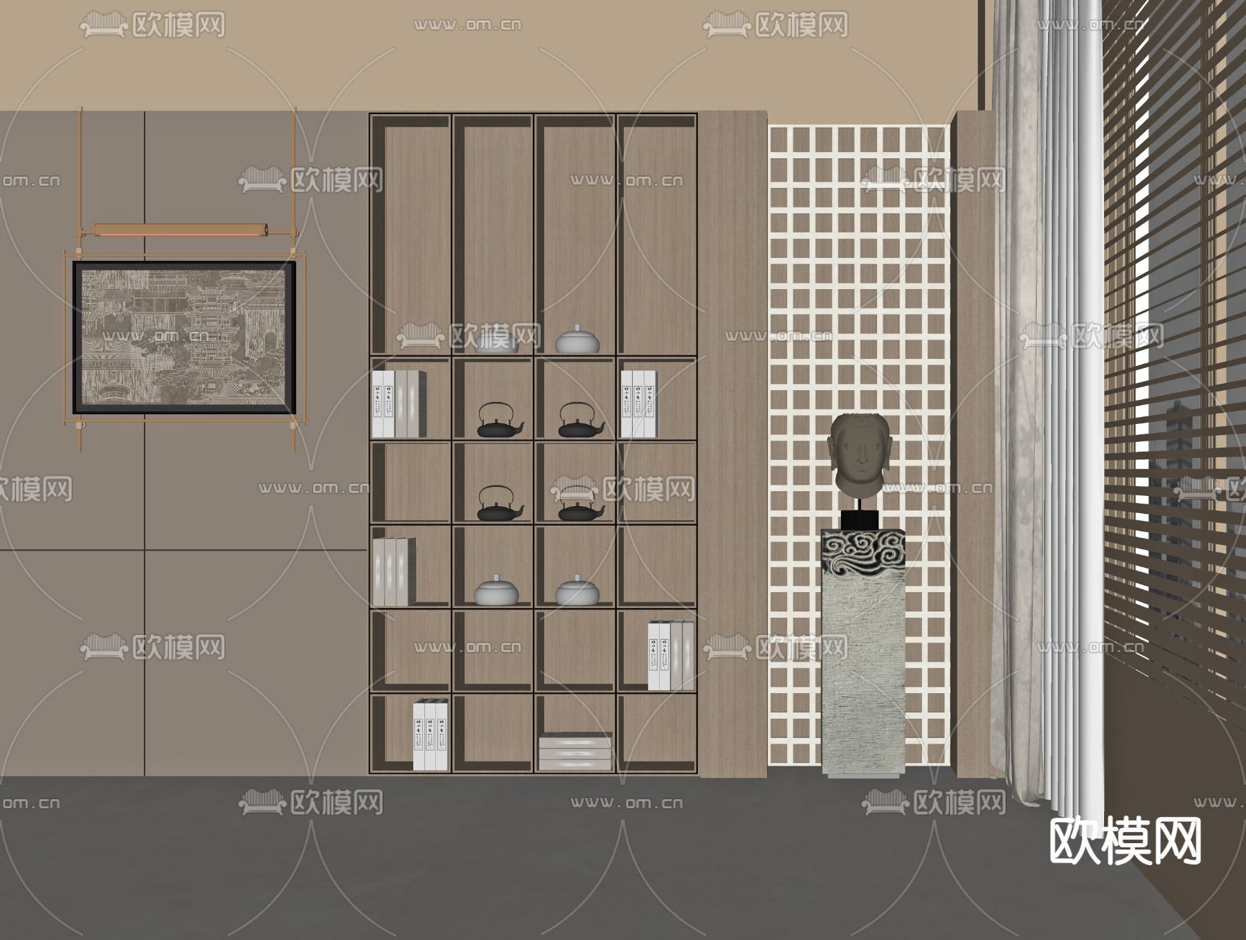 新中式书柜su模型下载（渲染图1）