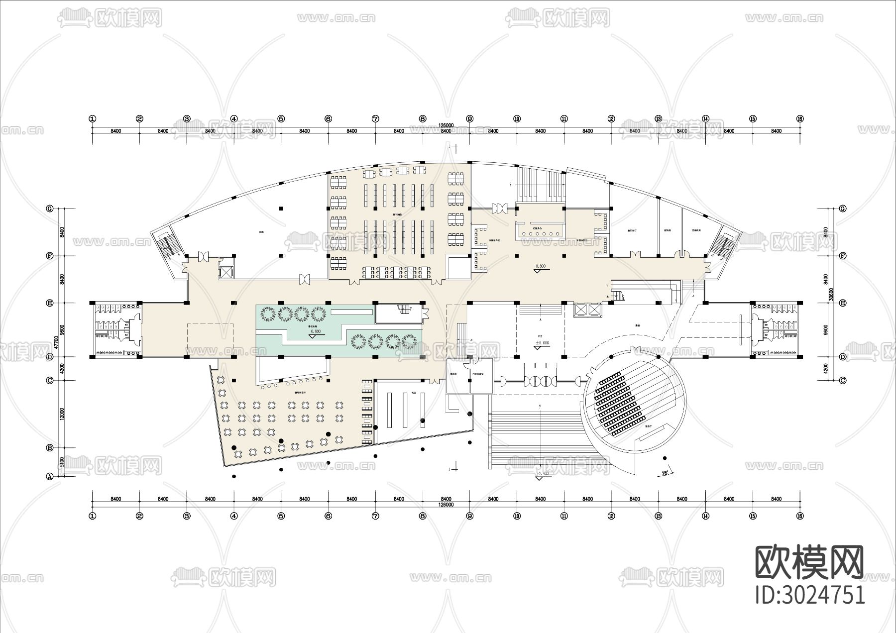 大型图书馆cad平面图下载（渲染图1）