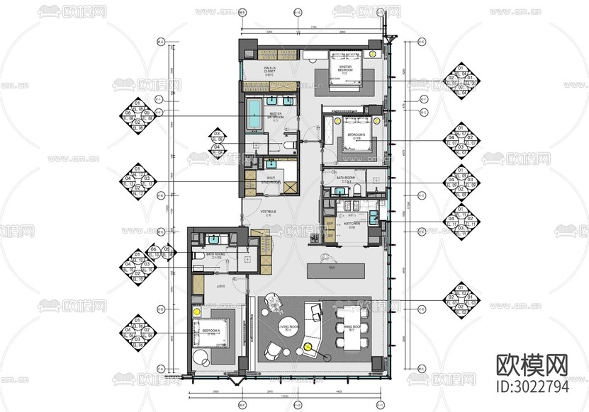 160㎡家裝私宅大平層cad施工圖下載(渲染圖1)