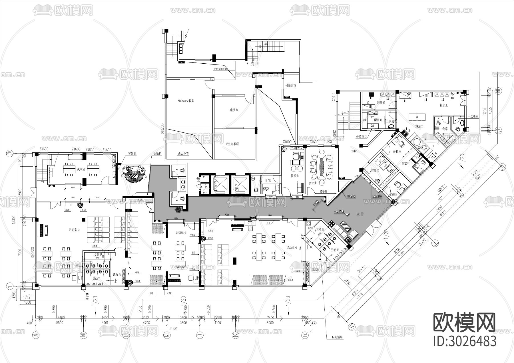 2000㎡托儿所cad平面图下载（渲染图1）
