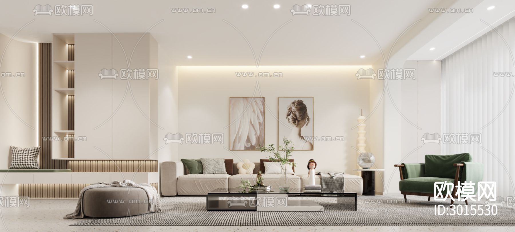 奶油风客厅效果图下载（渲染图1）