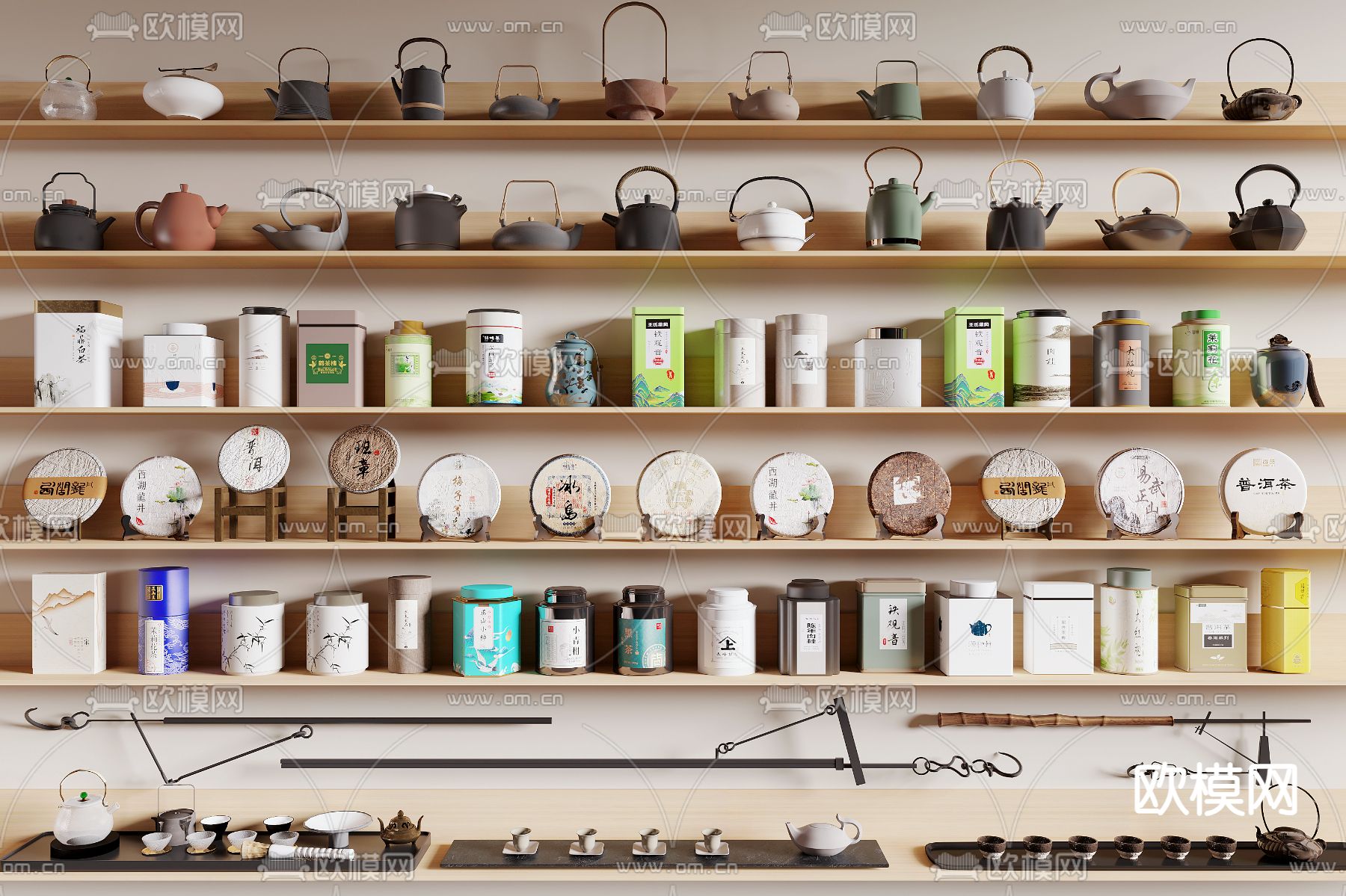 新中式茶具 茶壶 茶叶 茶饼su模型下载（渲染图2）