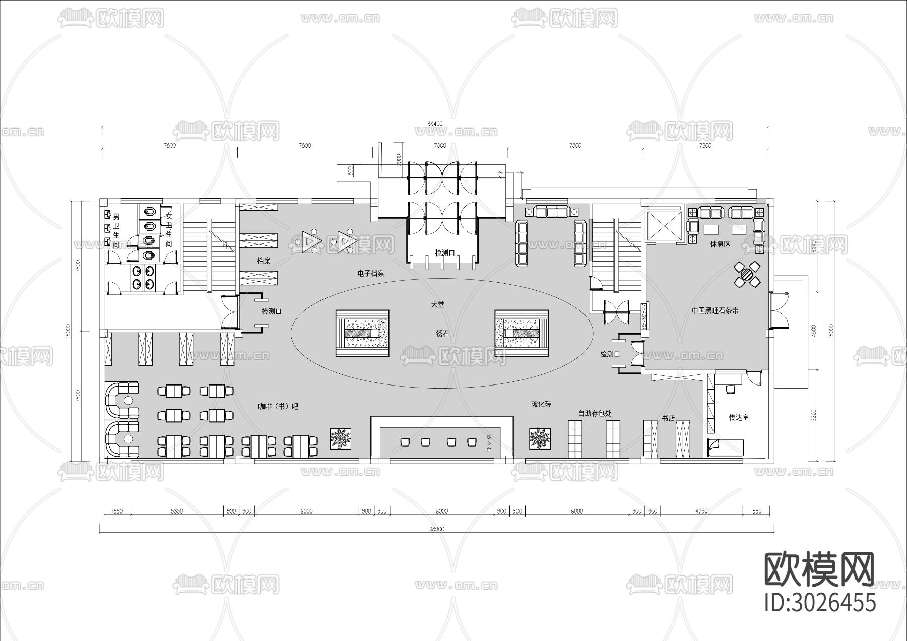 三层大型图书馆cad平面图下载（渲染图1）