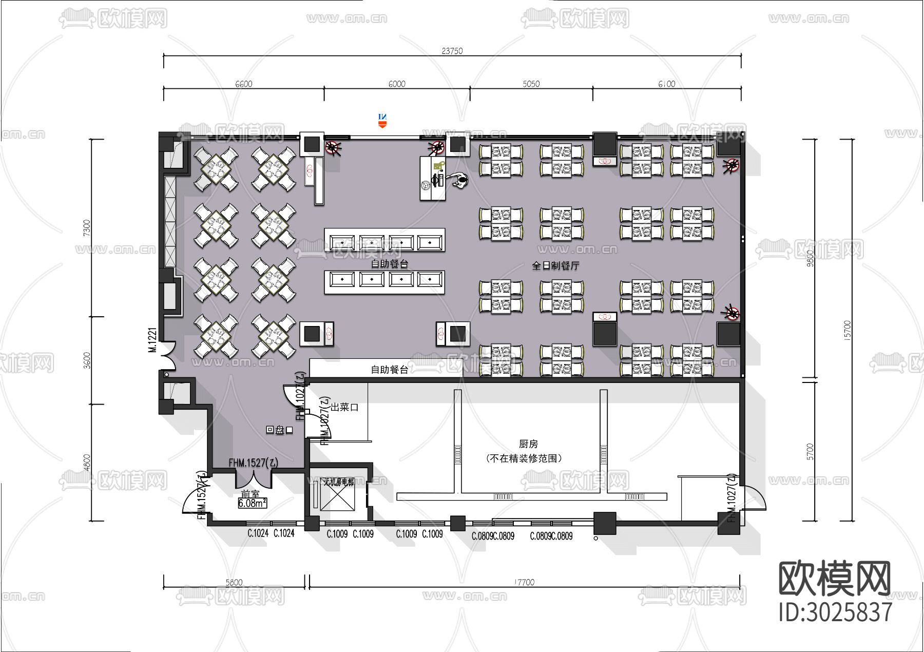 400㎡自助餐厅cad平面图下载（渲染图1）