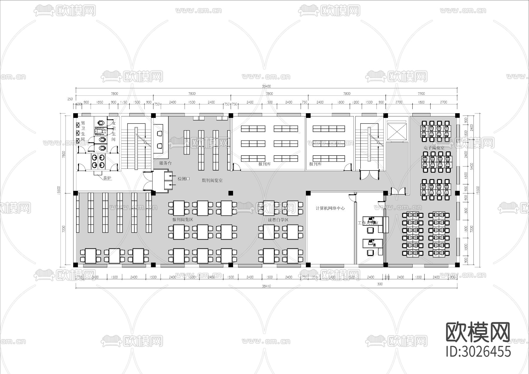 三层大型图书馆cad平面图下载（渲染图2）