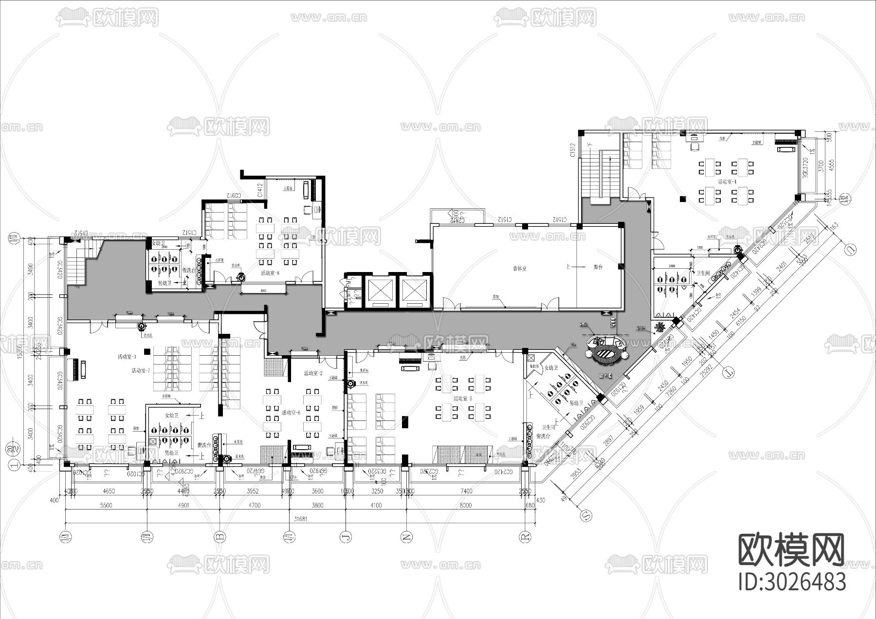 2000㎡托儿所cad平面图下载（渲染图2）