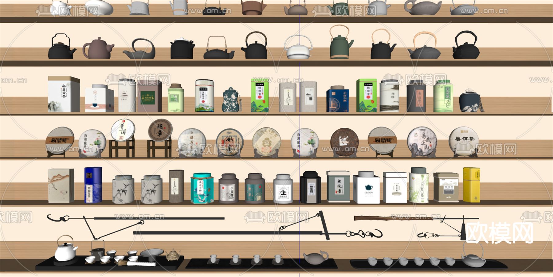 新中式茶具 茶壶 茶叶 茶饼su模型下载（渲染图1）