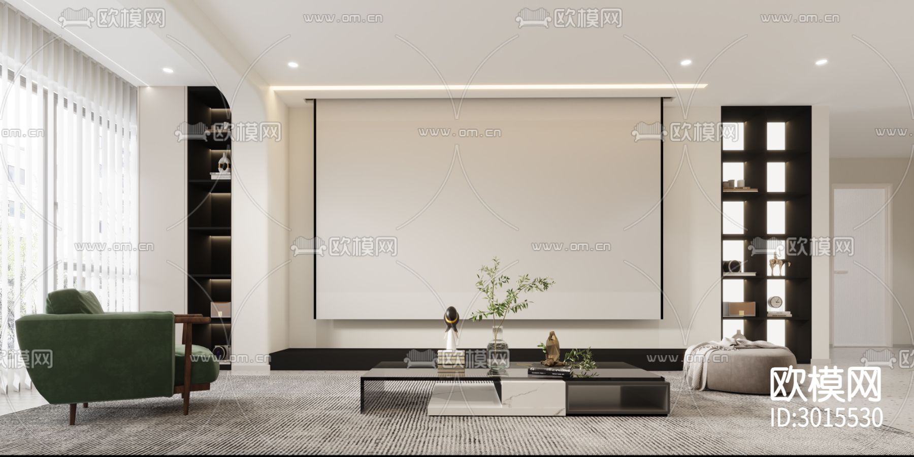 奶油风客厅效果图下载（渲染图3）