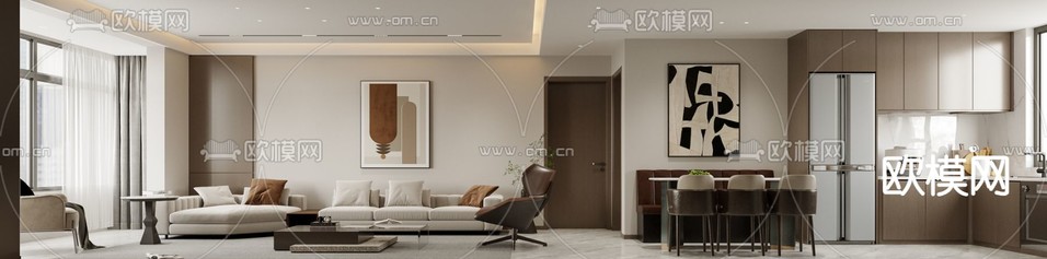 现代客厅 餐厅3d模型下载(渲染图1)