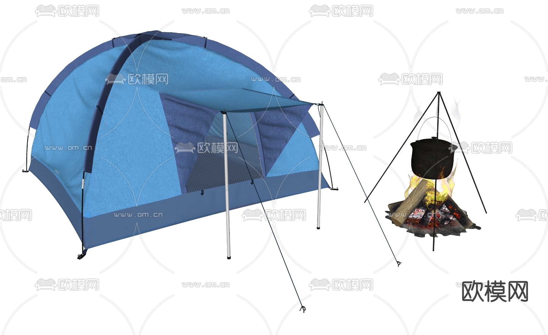 露营帐篷 篝火 烧水壶su模型下载（渲染图1）