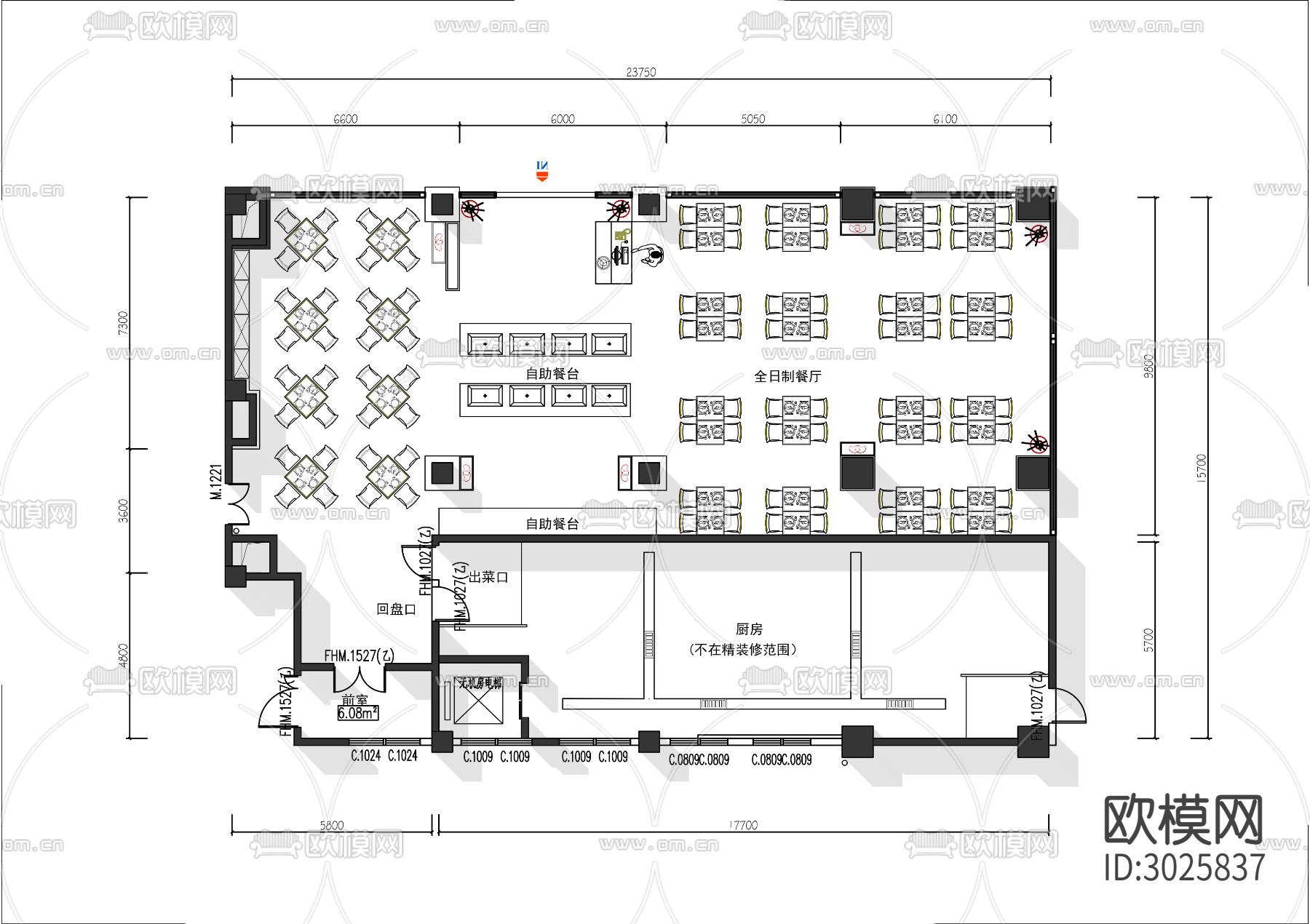 400㎡自助餐厅cad平面图下载（渲染图2）