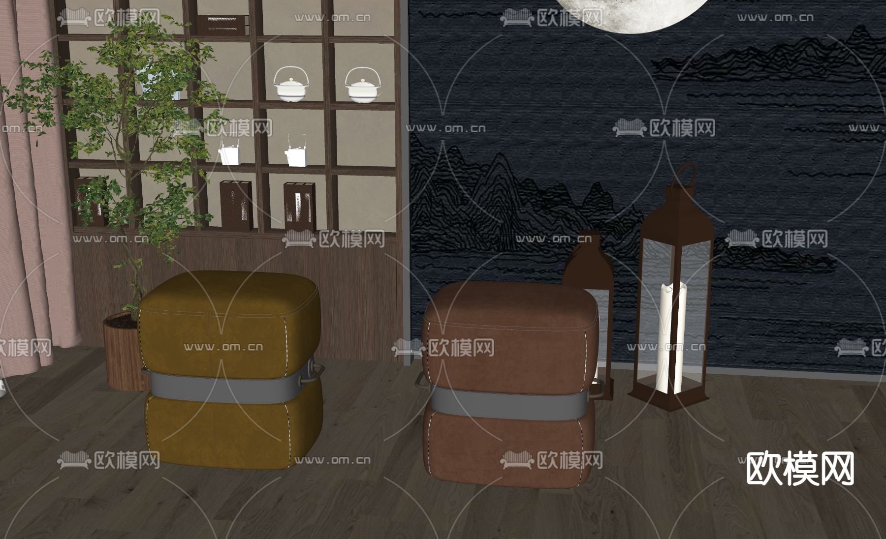 美式沙发凳su模型下载（渲染图1）