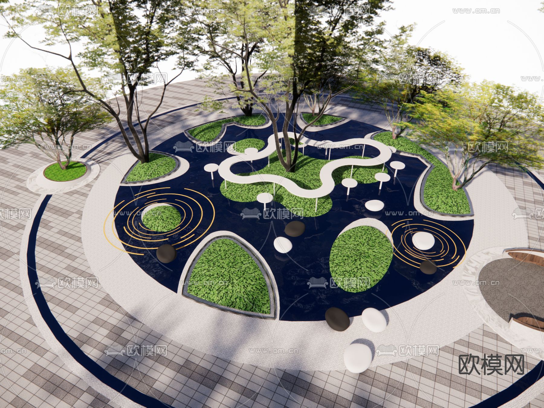 现代景观座椅 户外座椅 景观树池su模型下载（渲染图2）