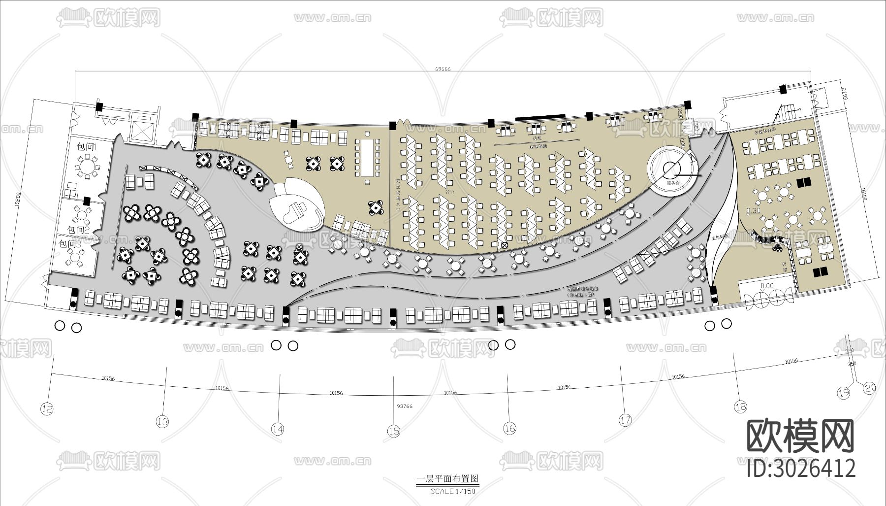 1300㎡图书馆cad平面图下载（渲染图1）