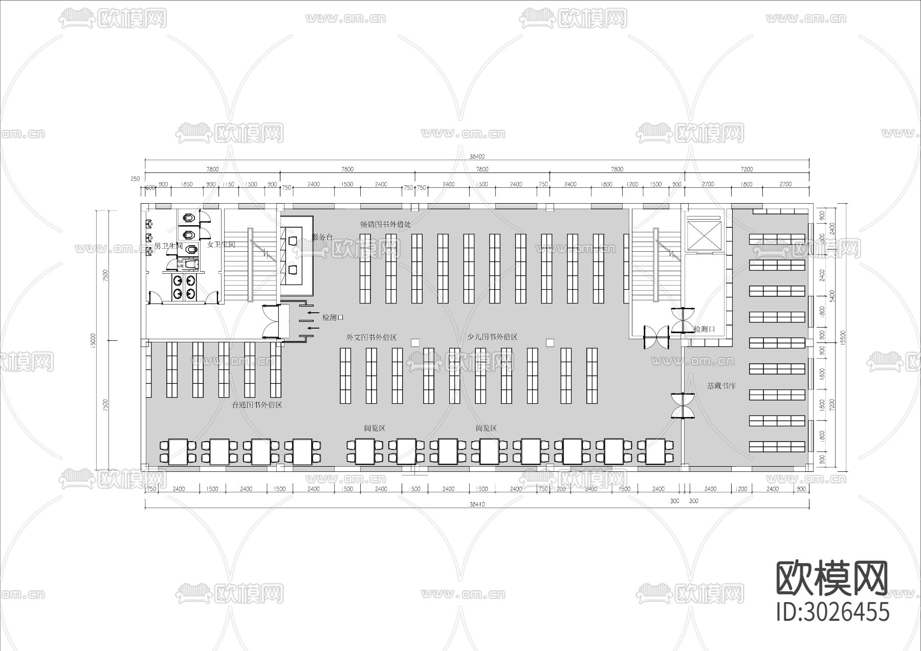 三层大型图书馆cad平面图下载（渲染图3）