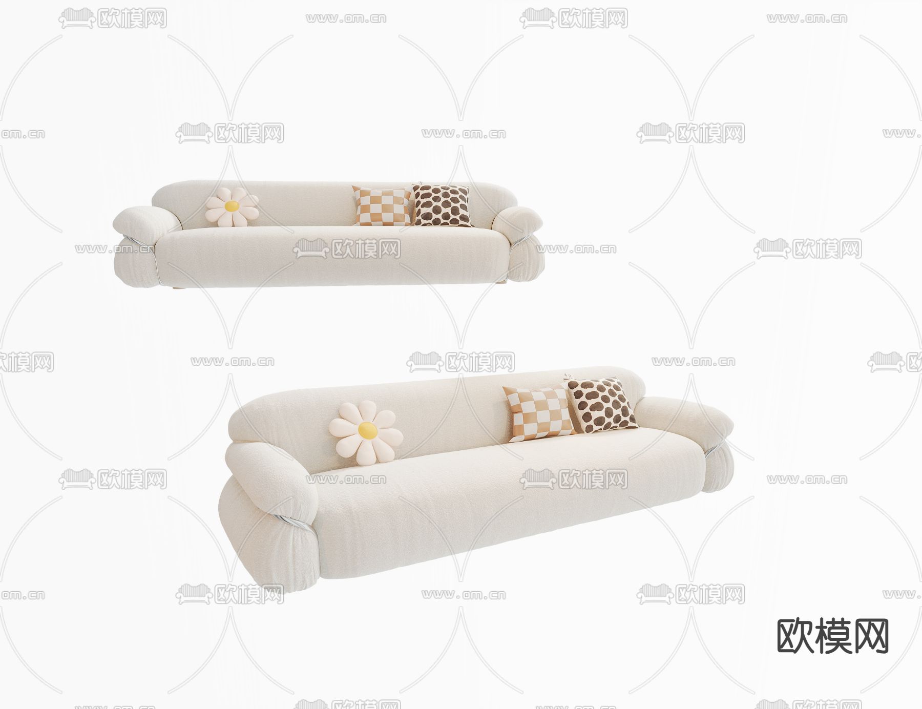 奶油风沙发 多人沙发3d模型下载
