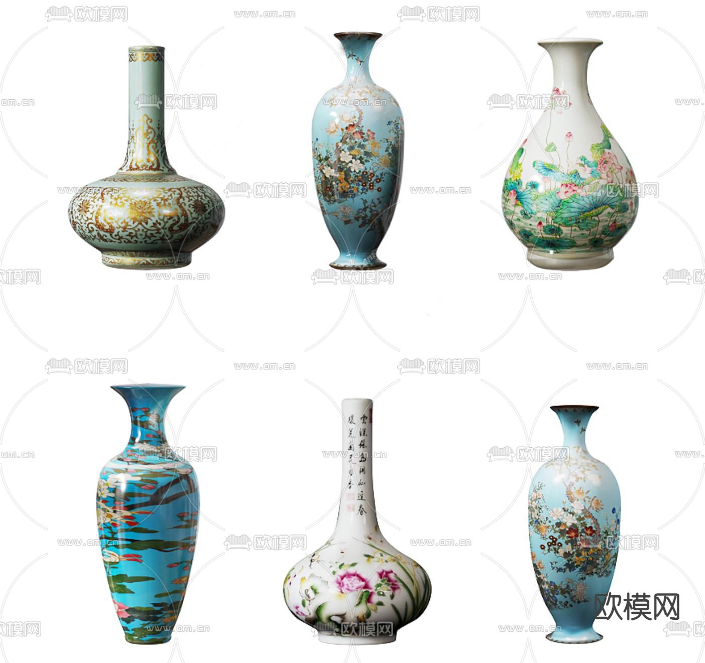 新中式陶瓷 瓷瓶 器皿 青花瓷3d模型下载