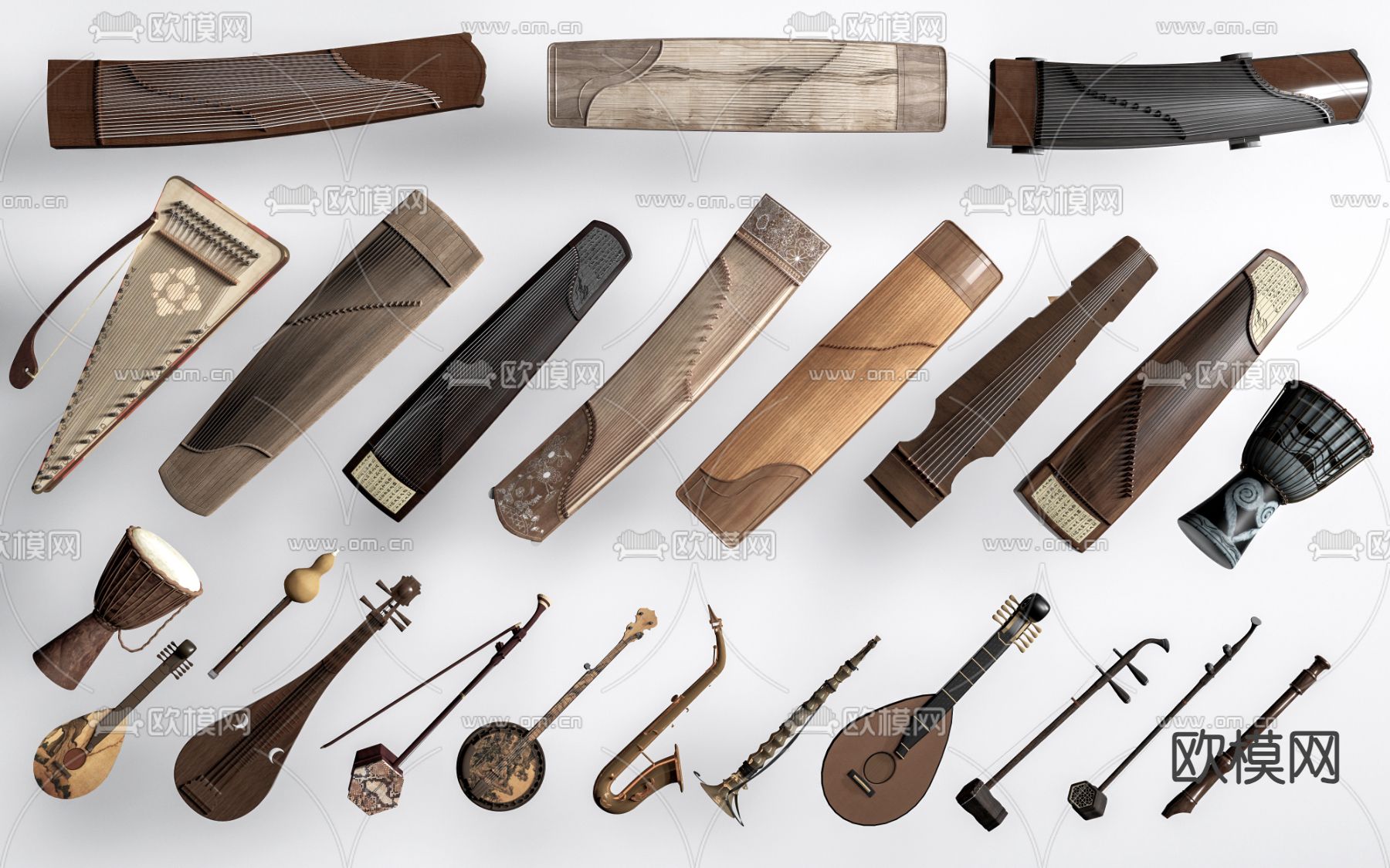 中式乐器 古筝 古琴 腰鼓su模型下载（渲染图2）