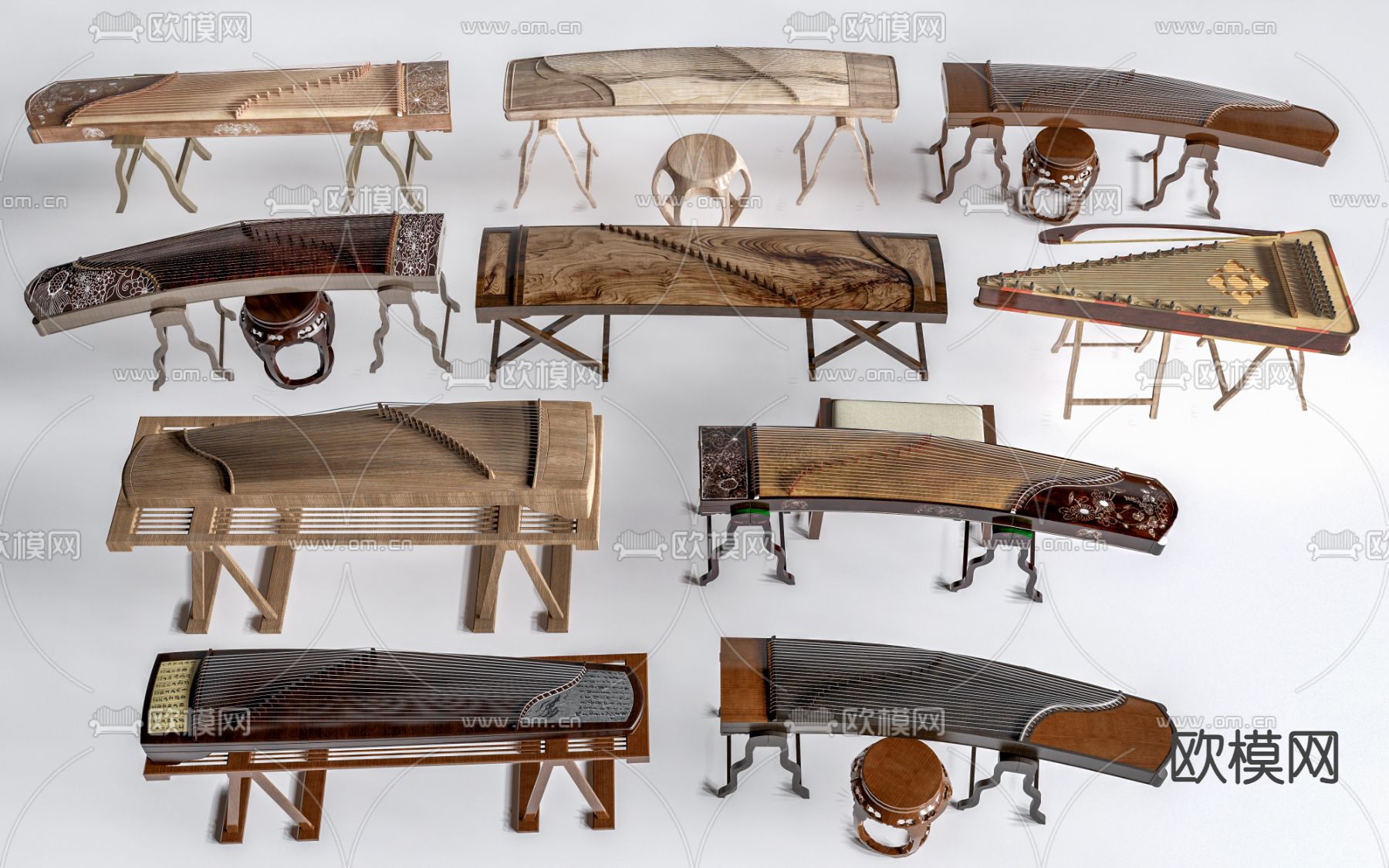 中式乐器 古筝 古琴su模型下载（渲染图2）