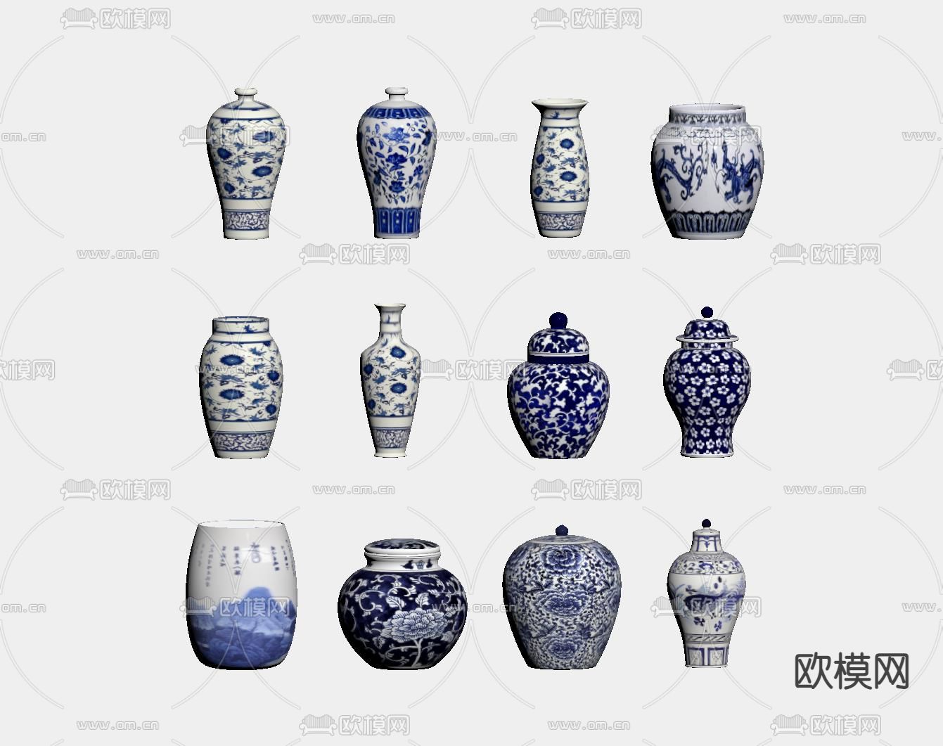 新中式青花瓷 陶瓷器皿su模型下载（渲染图1）
