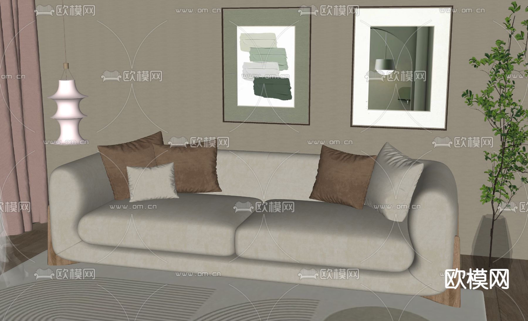 奶油风双人沙发su模型下载（渲染图1）