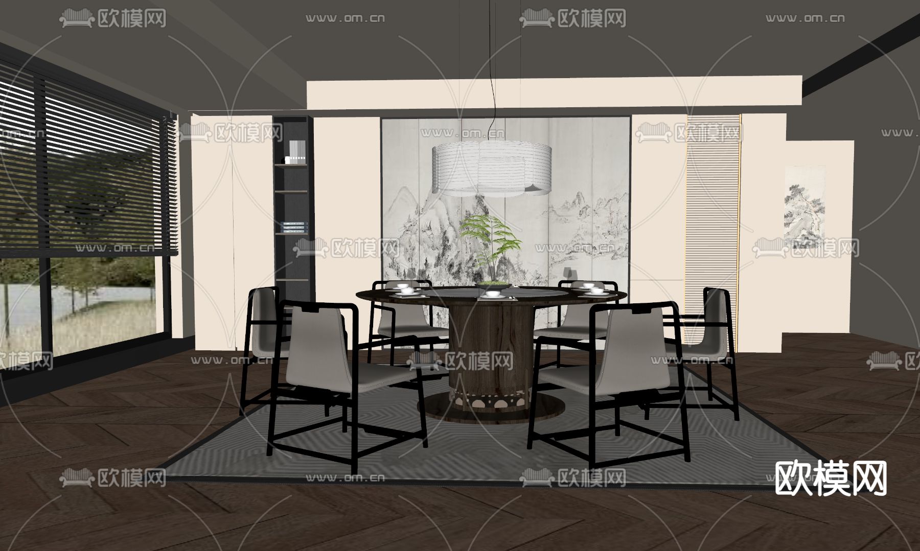 新中式餐厅su模型下载（渲染图1）