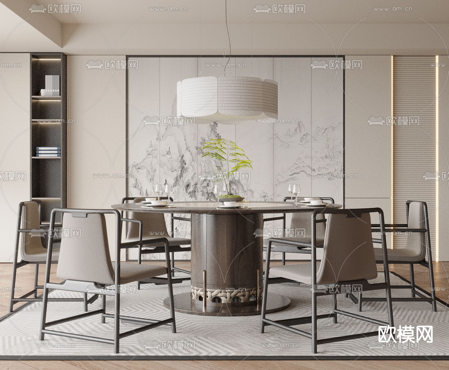 新中式餐厅su模型下载（渲染图2）