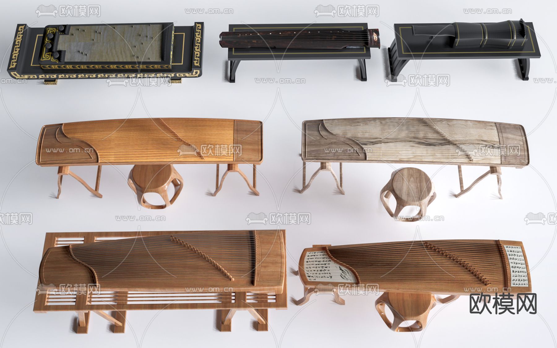 中式乐器 古筝 古琴su模型下载（渲染图2）