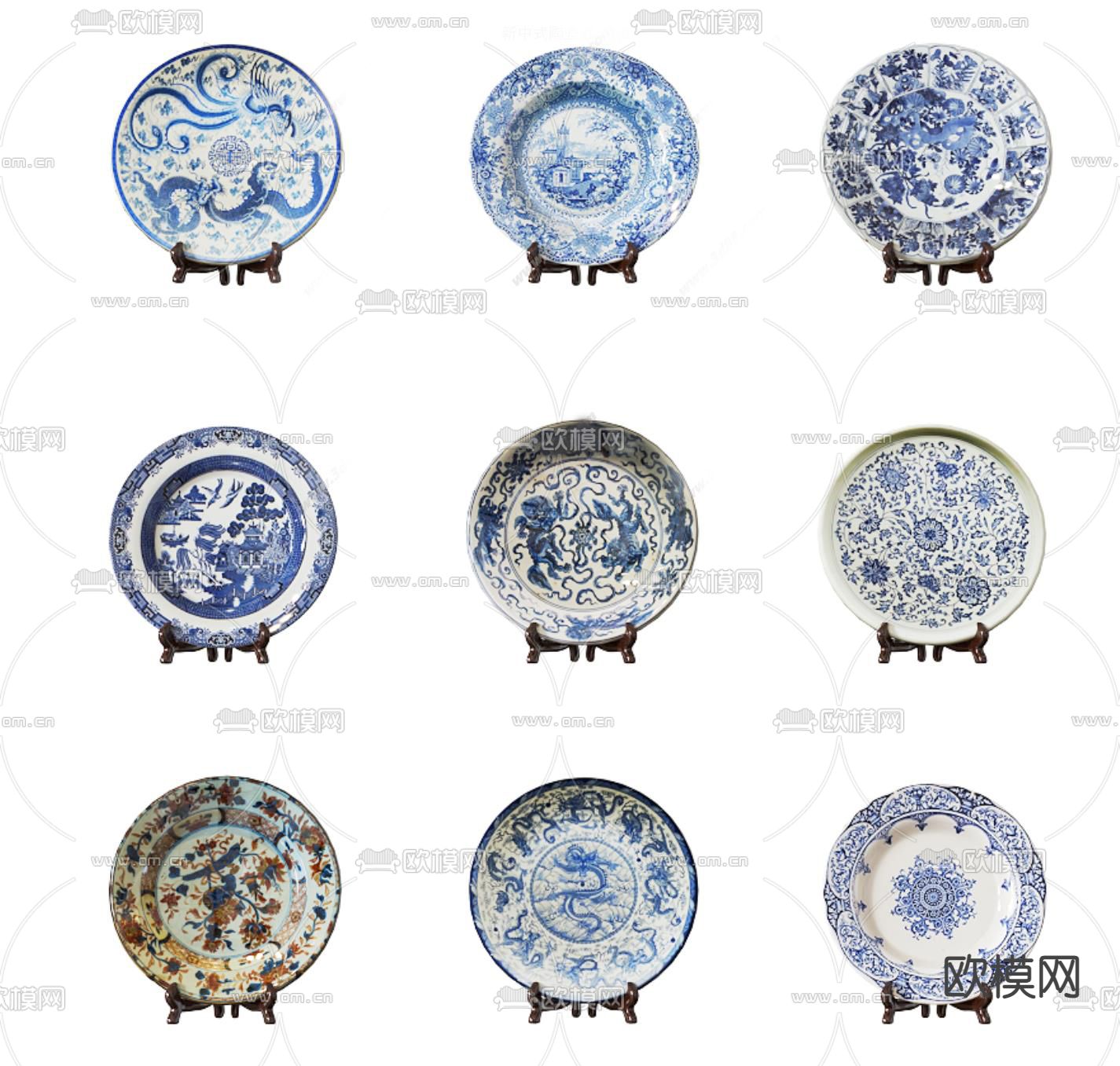 新中式陶瓷器皿 青花瓷su模型下载（渲染图2）