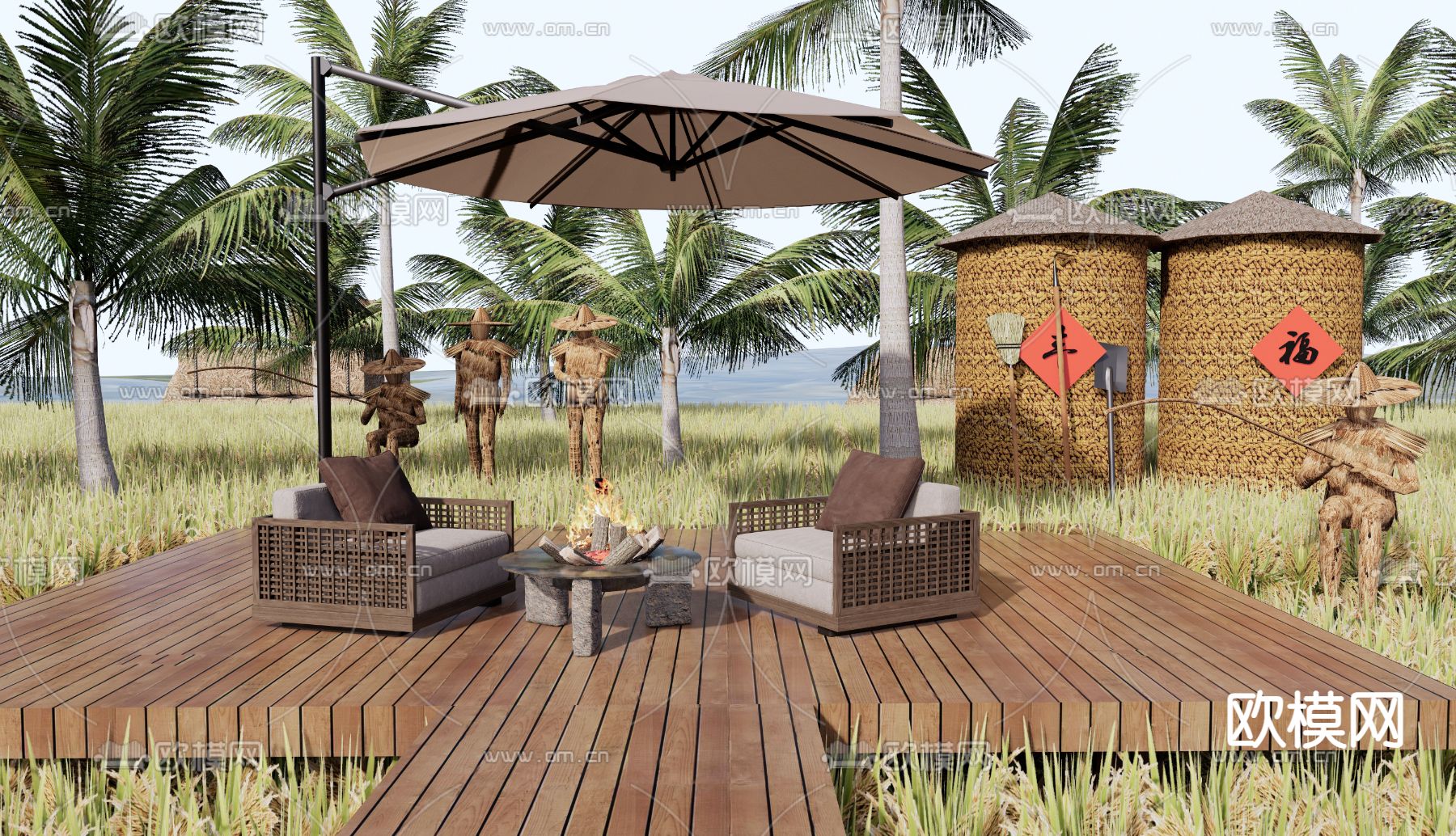 稻田露营 乡村公园3d模型下载