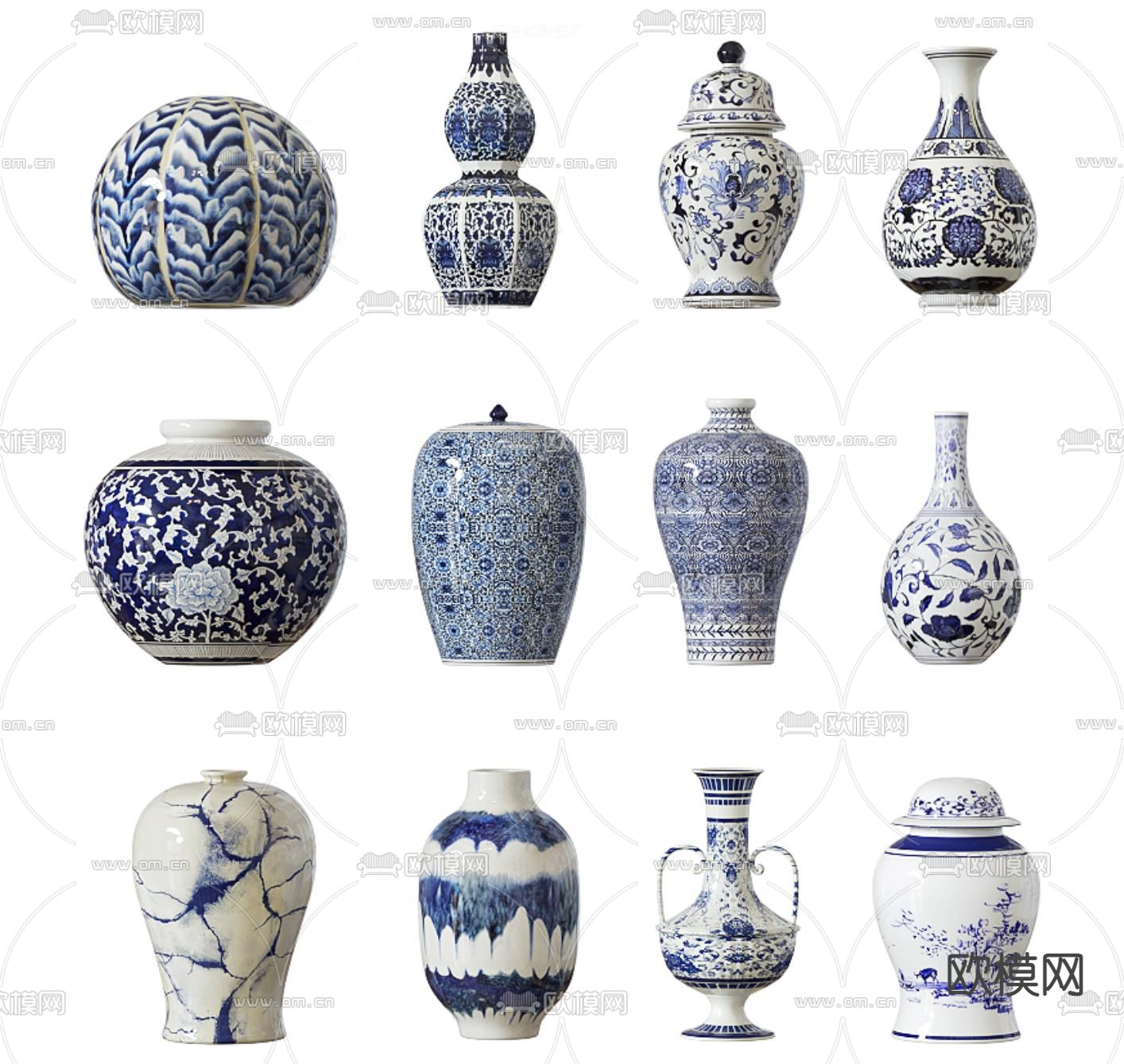 新中式青花瓷 陶瓷器皿su模型下载（渲染图2）