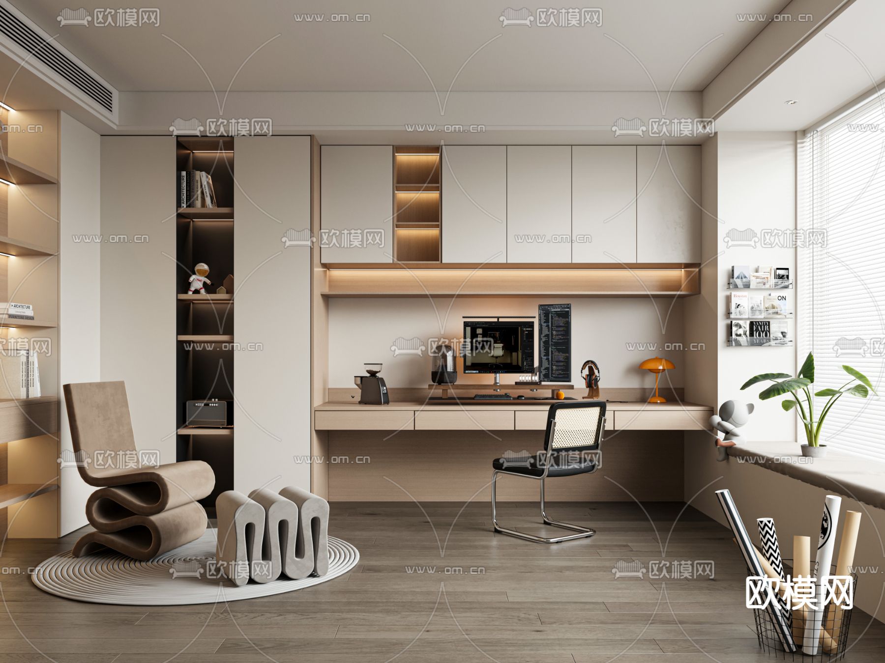 奶油书房su模型下载（渲染图2）