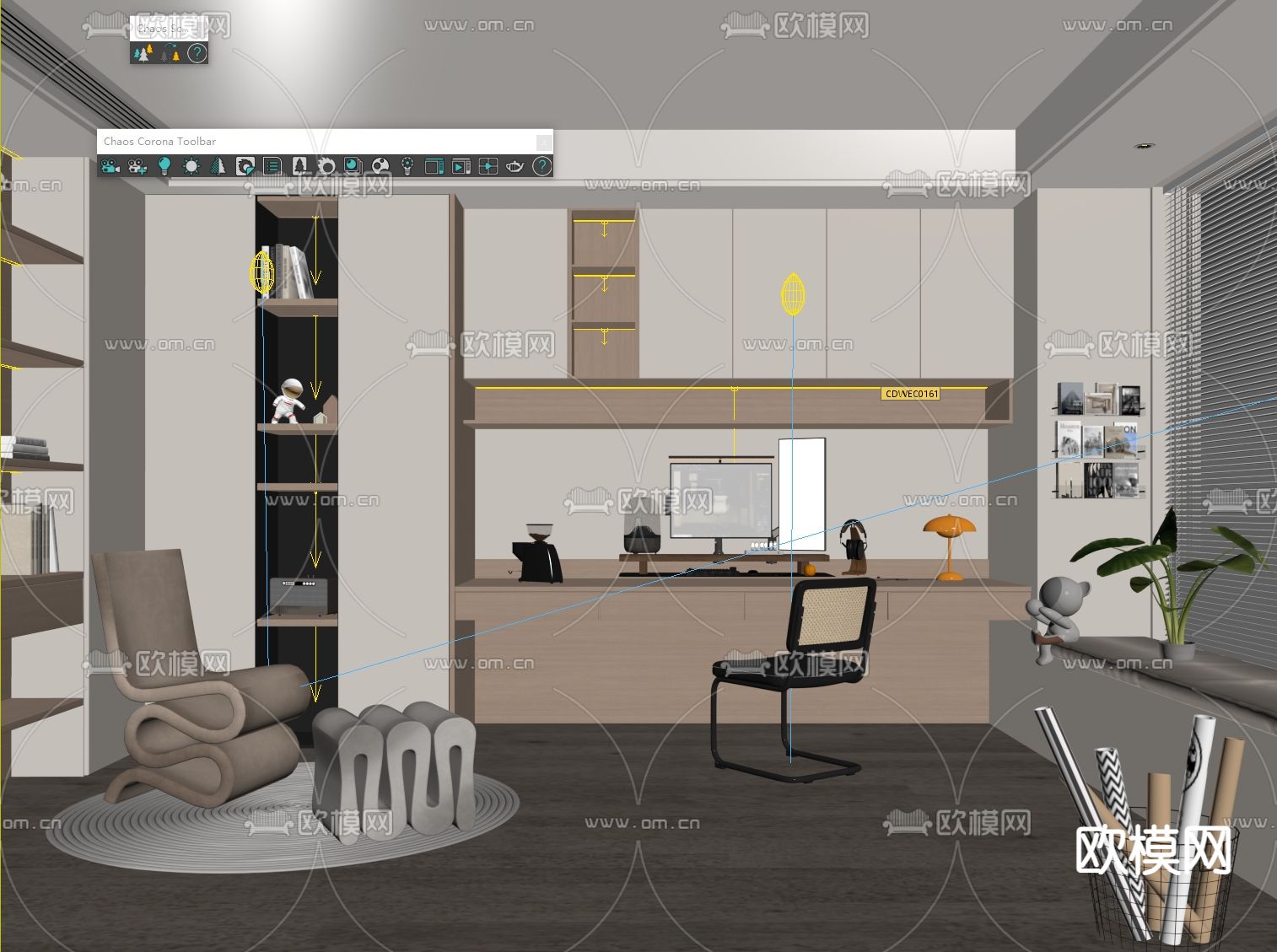 奶油书房su模型下载（渲染图1）