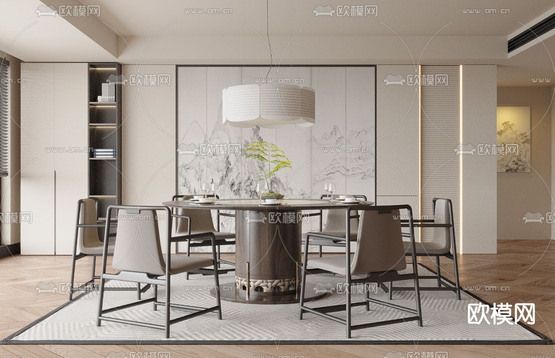 新中式餐厅su模型下载（渲染图3）