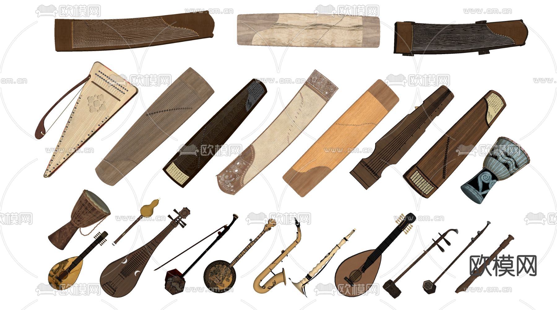 中式乐器 古筝 古琴 腰鼓su模型下载（渲染图1）