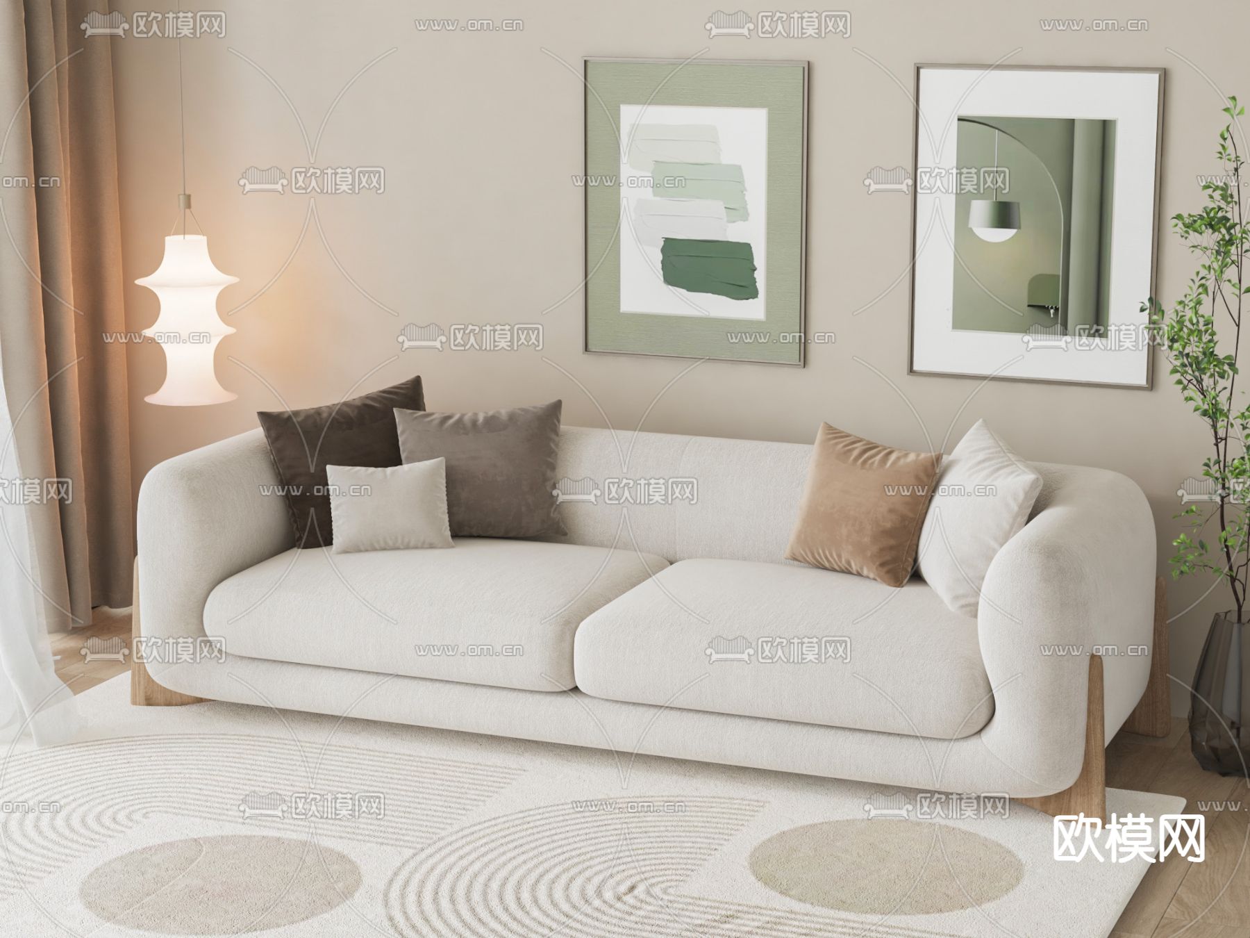 奶油风双人沙发su模型下载（渲染图2）