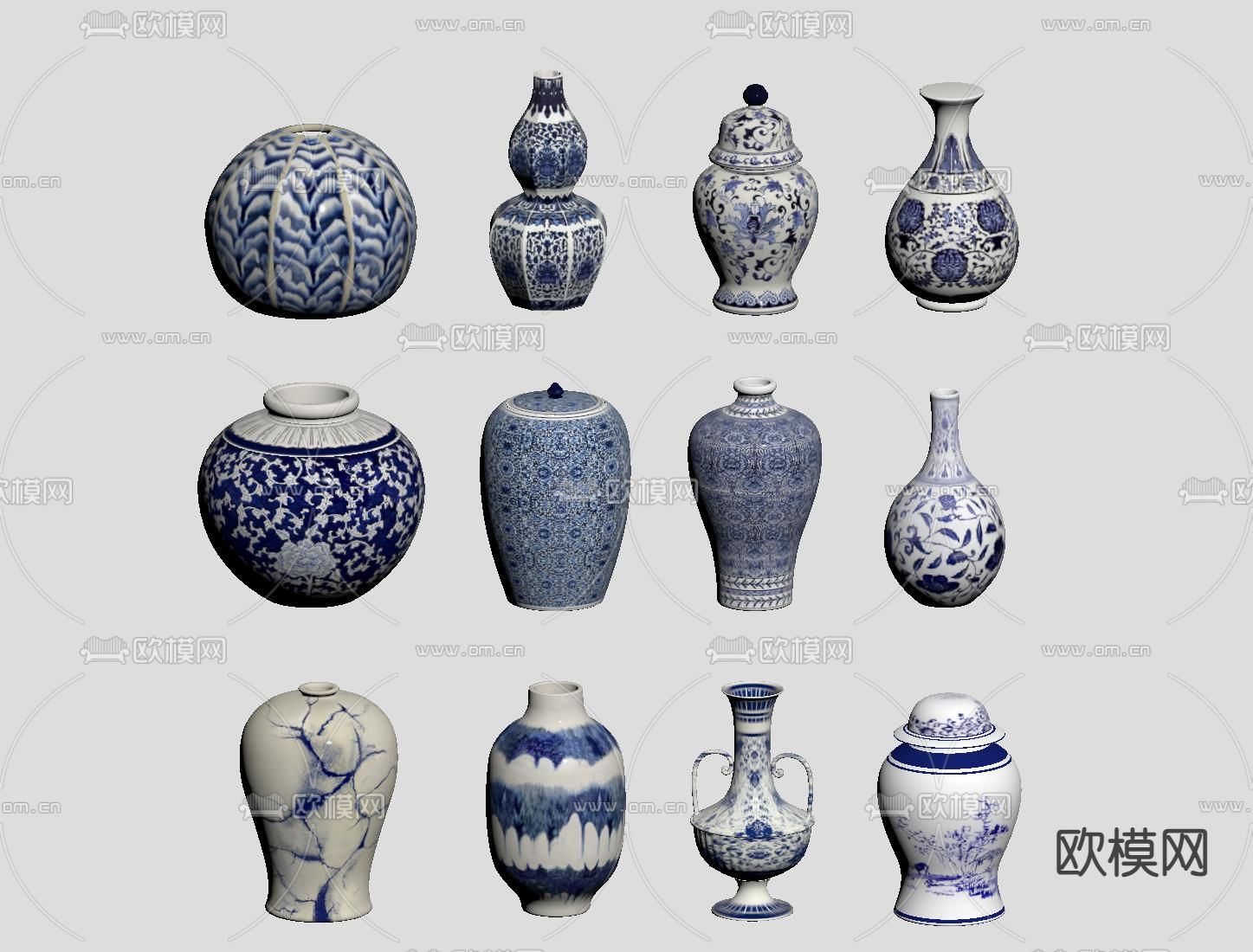 新中式青花瓷 陶瓷器皿su模型下载（渲染图1）