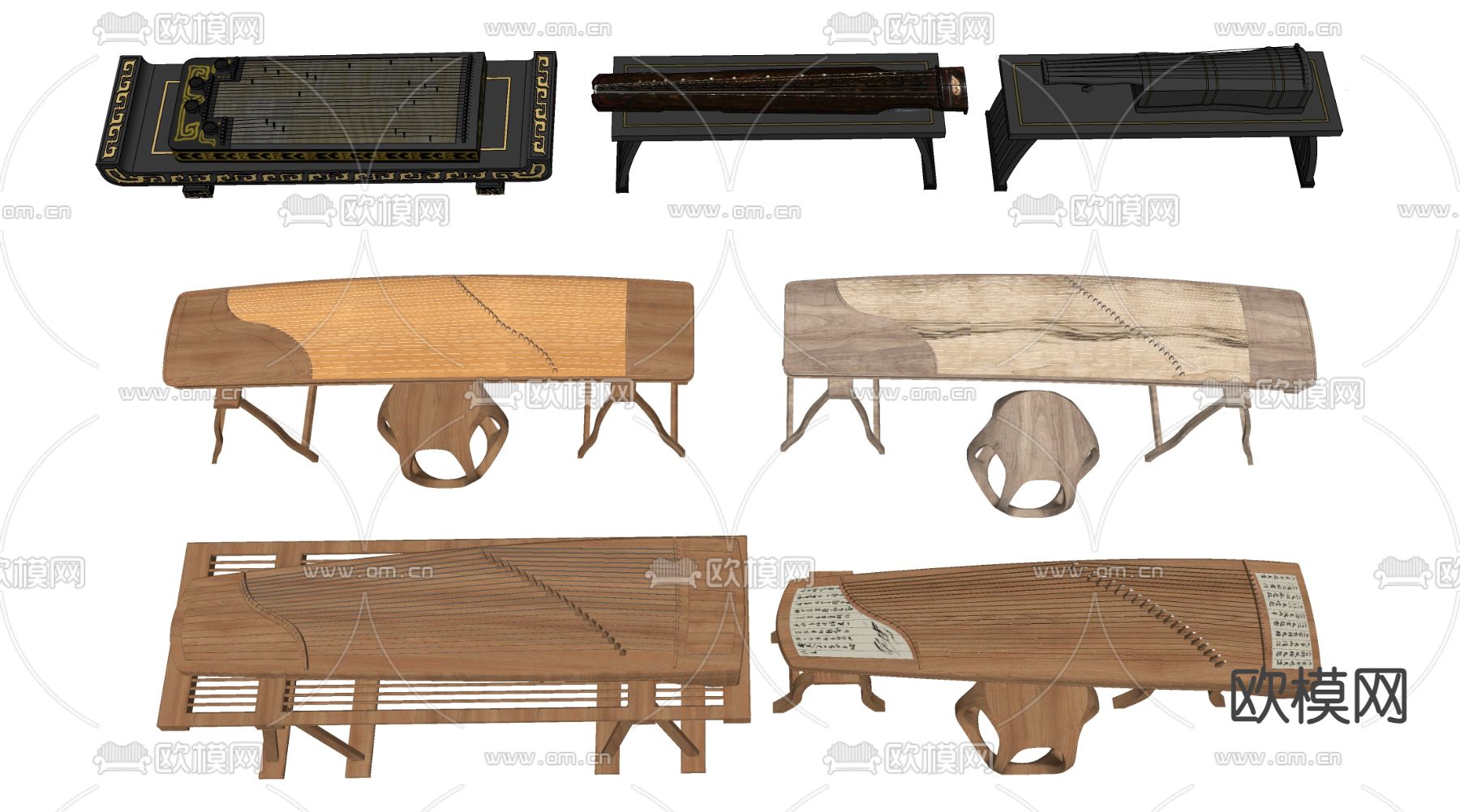 中式乐器 古筝 古琴su模型下载（渲染图1）