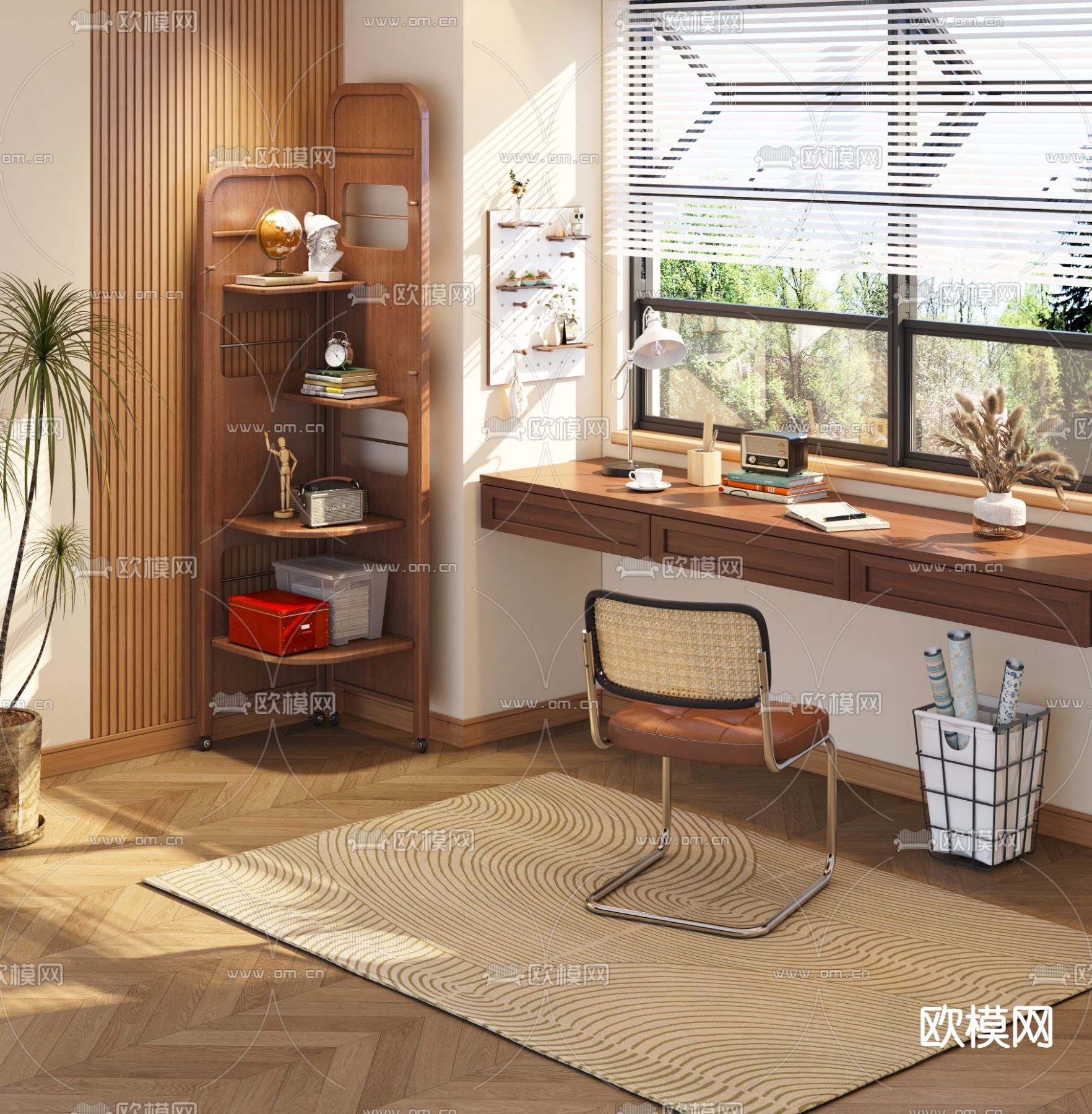中古风书桌 写字台 电脑桌3d模型下载（渲染图2）