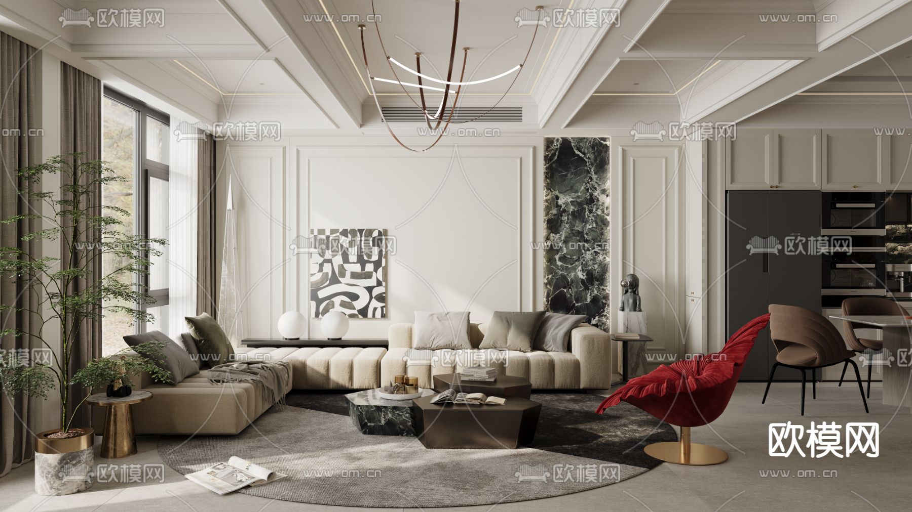 美式客餐厅3d模型下载（渲染图1）