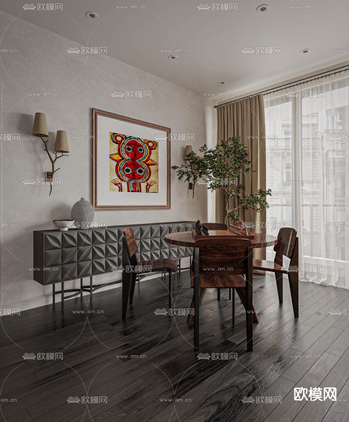 中古风餐桌椅 圆餐桌3d模型下载（渲染图2）